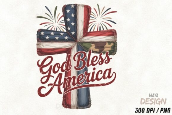 God Bless Patchwork 4th of July PNG Illustrations