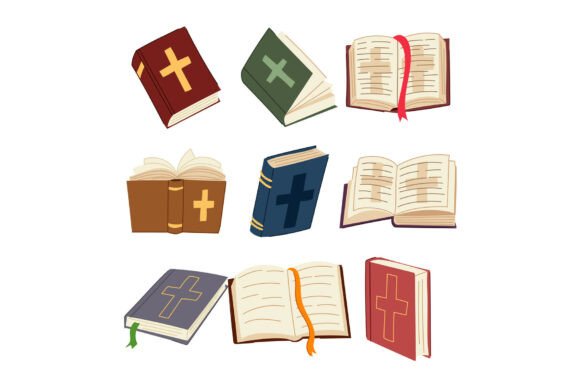 Holy Bible Books with Cross Illustrations